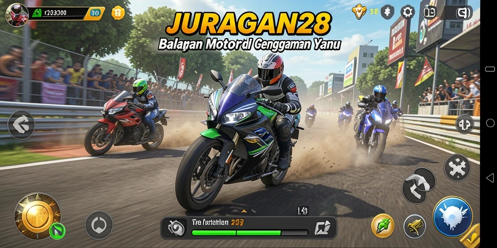 Screenshot utama dari gameplay JURAGAN28 yang menunjukkan balapan motor yang mendebarkan.