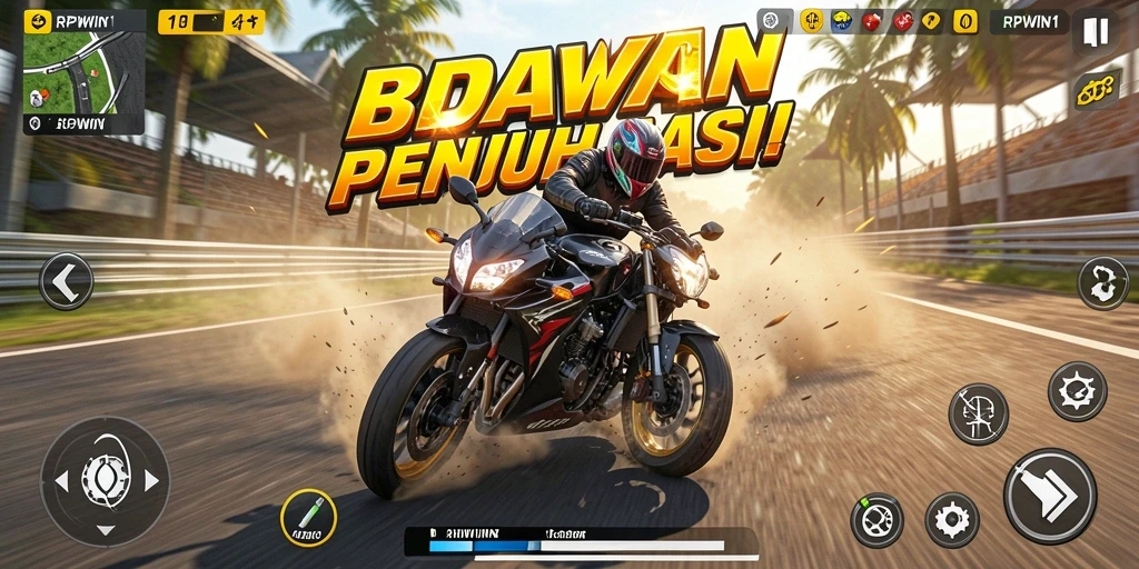 Screenshot utama RPWIN1 menampilkan aksi balap motor yang intens.